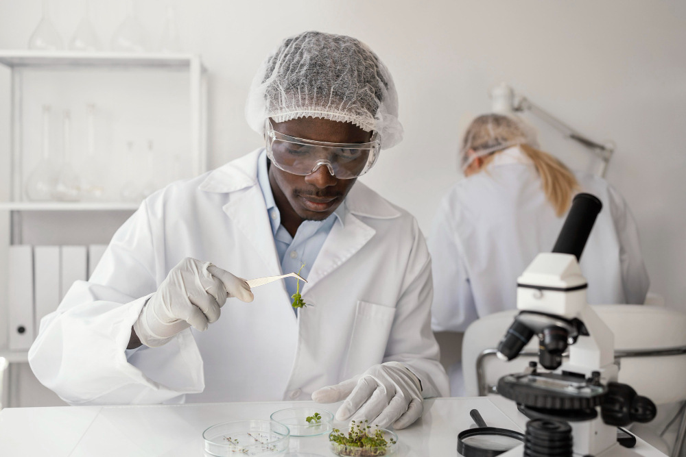 Laboratory scientist conducting microbiological analysis under a microscope to ensure food and drinking water safety.