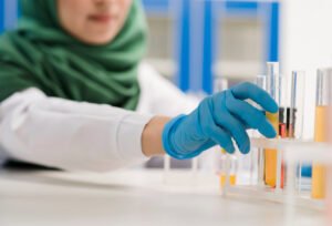 Laboratory technician handling test tubes containing chemical solutions during sample analysis.
