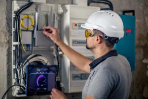 Electrical testing in Qatar by a technician inspecting an electrical control panel