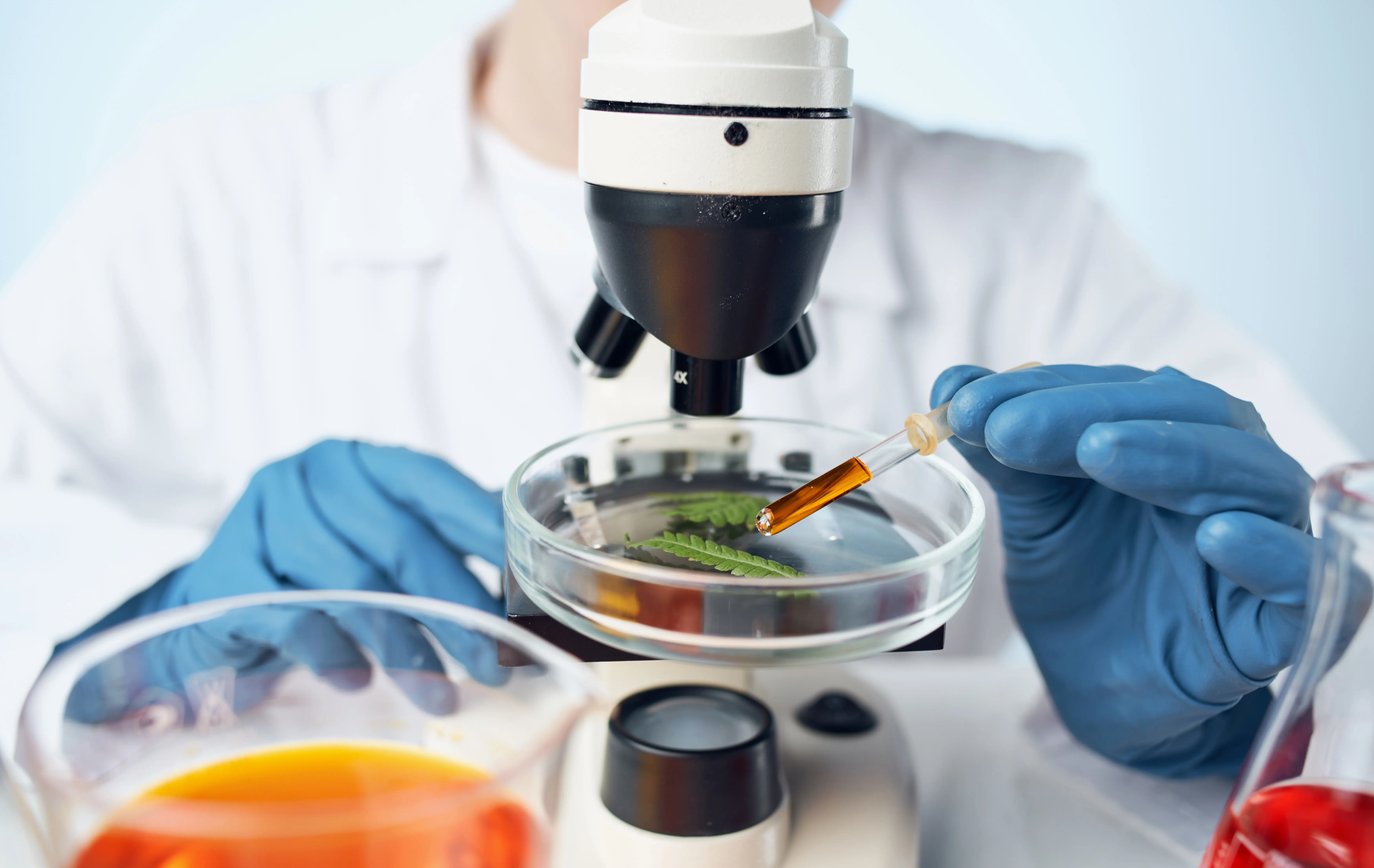 gloved hand holding test tube by river